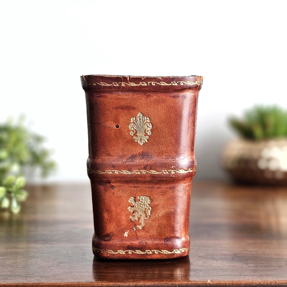 Rare Antique Italian Genuine Leather Retro Dice Shaker Cup, Tooled and Gilded